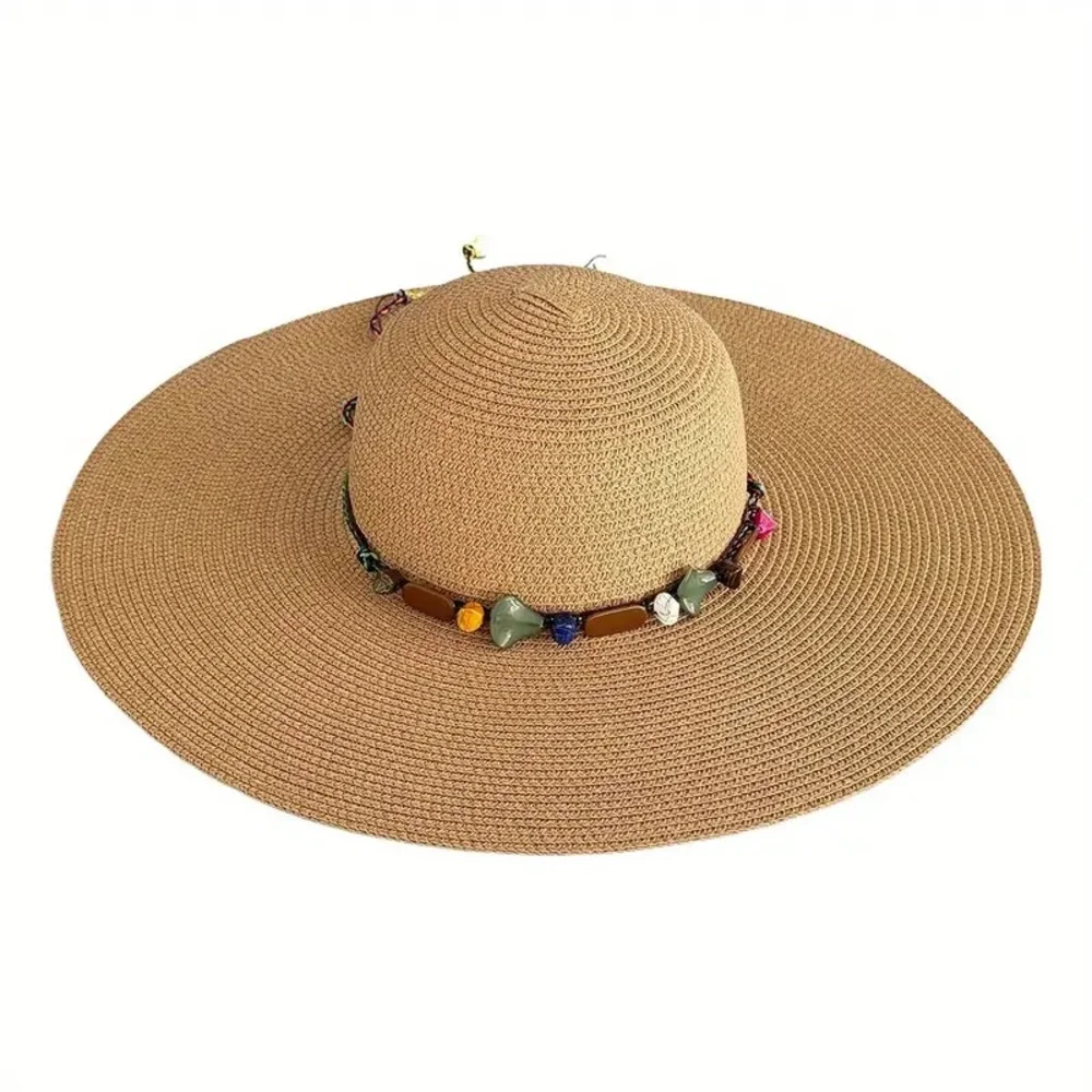 Bohemian Large straw hat with beading detailing with chin strap and bow tie